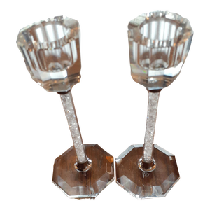 1980s Signed Oleg Cassini Sweden Pair of Crystal Pedestal Candle Holders - a Pair