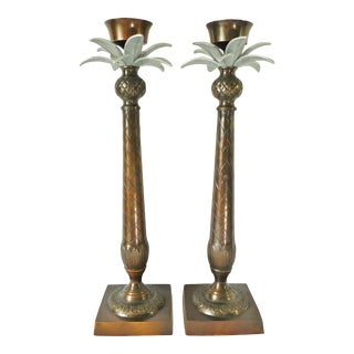 Large Pair Vintage Palm Beach Style Solid Brass/Bronze Palm Tree Candlestick Holders For Sale