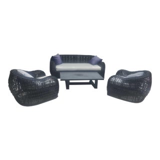 Outdoor Wicker Patio Furniture Set - Sofa, 2 Chairs, Alegria Coffee Table & Cushions For Sale