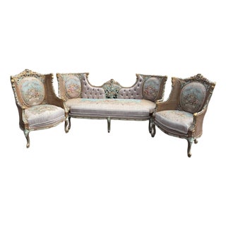 1940 French Louis XVI Pastel Cane Sofa Set - 3 Pc For Sale