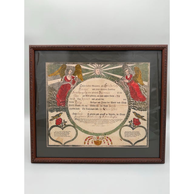 A rare and visually arresting hand-colored fraktur birth and baptismal certificate, dated 1794 and originating from the...