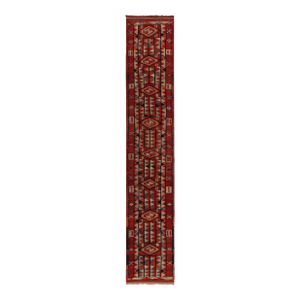 Vintage Tribal Kilim Runner in Rust Red With Vibrant Geometric Pattern