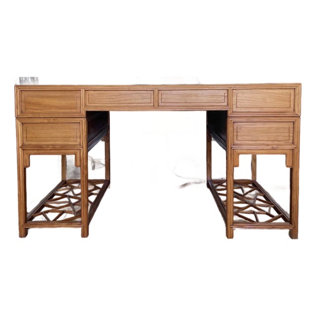 Chinoiserie Antique Chinese Elm Desk With Inlaid White Marble Top For Sale