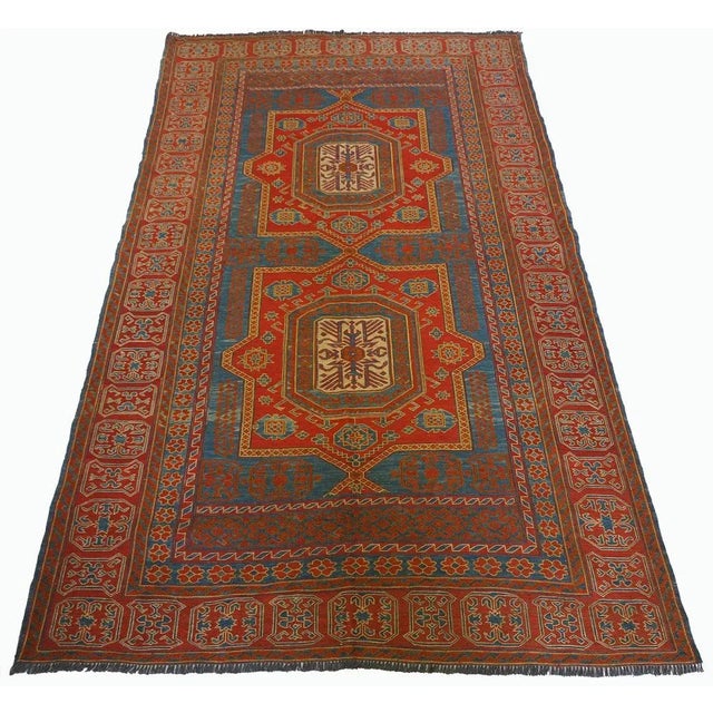 Vintage Tribal Nomadic Caucasian Sumakh Kilim Rug, 1950s, in Flawless conditions. Designed 1950 to 1959