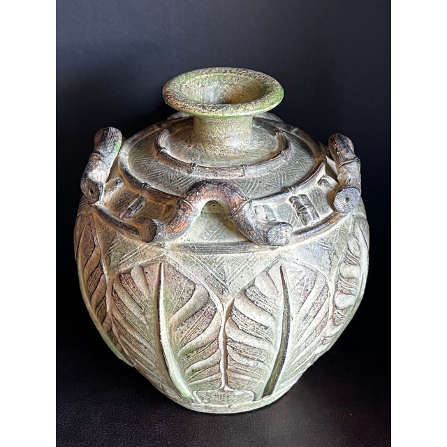 Vintage Pier 1 Weathered Green Earthenware Vase With Tropical Leaf Relief For Sale - Image 10 of 10