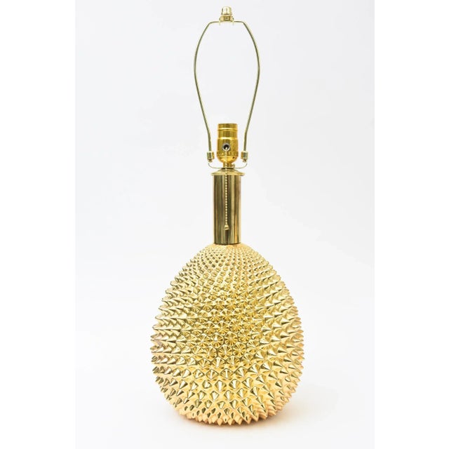 Modern Vintage Rare Italian Studded Spiky Gold Polychrome Sculptural Ceramic Lamps Pair of Restored For Sale - Image 3 of 12
