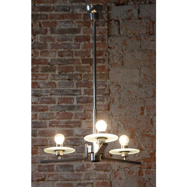 Bauhaus Chandelier in Nickel-Plated Steel and Opaline Glass, Czech, 1930s For Sale - Image 11 of 13