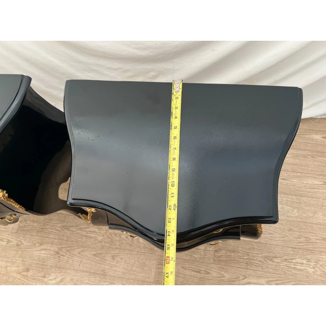 Vintage Pair French Nightstand Tables Two Drawers Black Lacquer Marble, Ormolu For Sale - Image 9 of 12