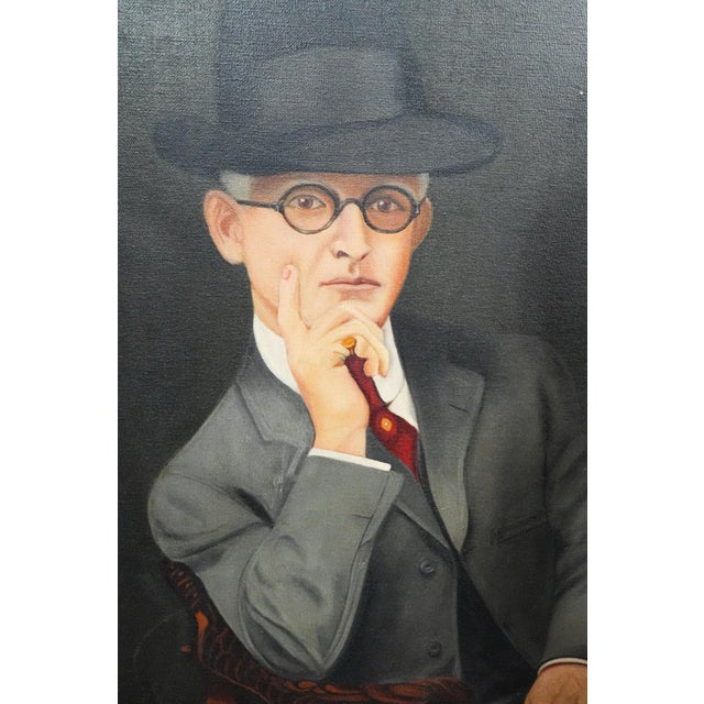 Huge Distinguished Antique Art Deco Oil Painting of Man in Suit Dandy Fashion Framed Portrait Home Wall Decor For Sale - Image 4 of 17