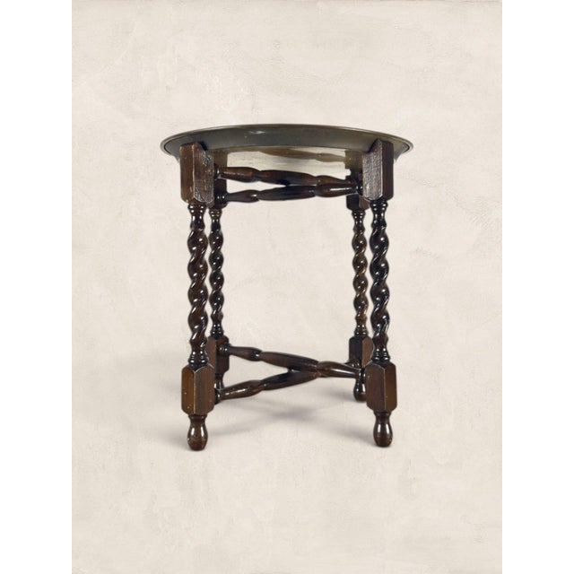 Antique English Barley Twist Table With Brass Top. A folding side table with barley twist legs and an unpolished brass...