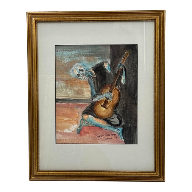 Signed Original Watercolor After Picasso Old Guitarist Framed For Sale