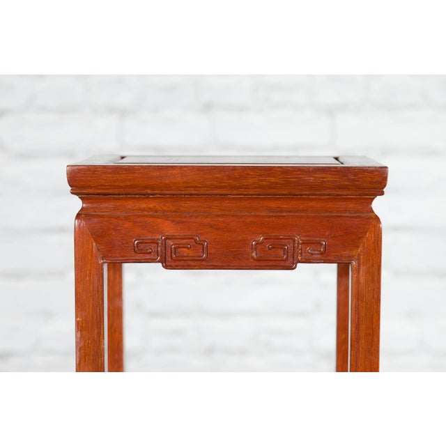 Brown Chinese Vintage Small Stool with Scroll-Carved Apron and Side Stretchers For Sale - Image 8 of 13