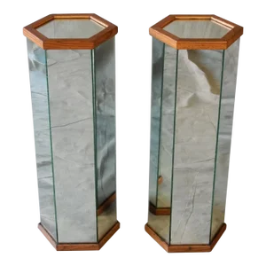 1970's Mirror & Oak Hexagon Art Pedestals 30" Tall