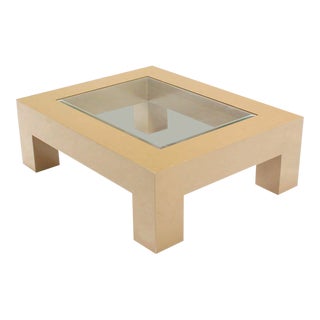 Geometrical Rectangular Beige Lacquer Base Glass-Top Coffee Table For Sale