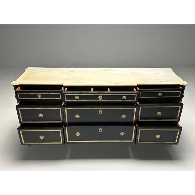 1940s Maison Jansen, Hollywood Regency, Large Commode, Black Wood, Marble, 1940s For Sale - Image 5 of 12