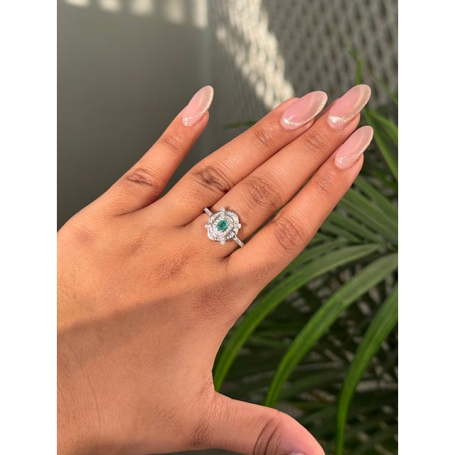Not Yet Made - Made To Order Art Deco Emerald & Baguette Diamonds Target Halo Ring in 14k White Gold Size 4 For Sale - Image 5 of 16