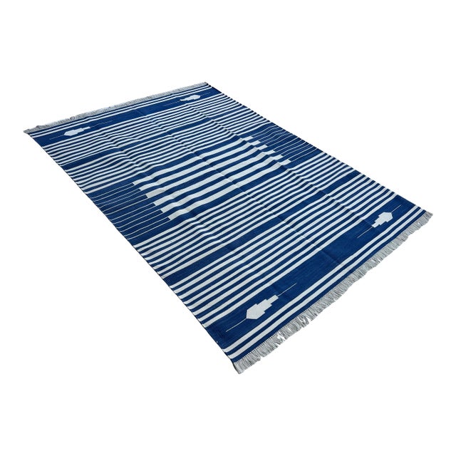 Handmade Denim Blue and White Cotton Vegetable Dyed Striped Rug - 9'x12' For Sale