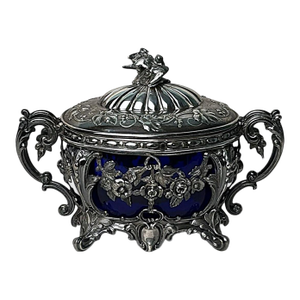 Mid 19th Century French Silver Sugar Bowl With Cobalt Blue Glass Liner Export Mark
