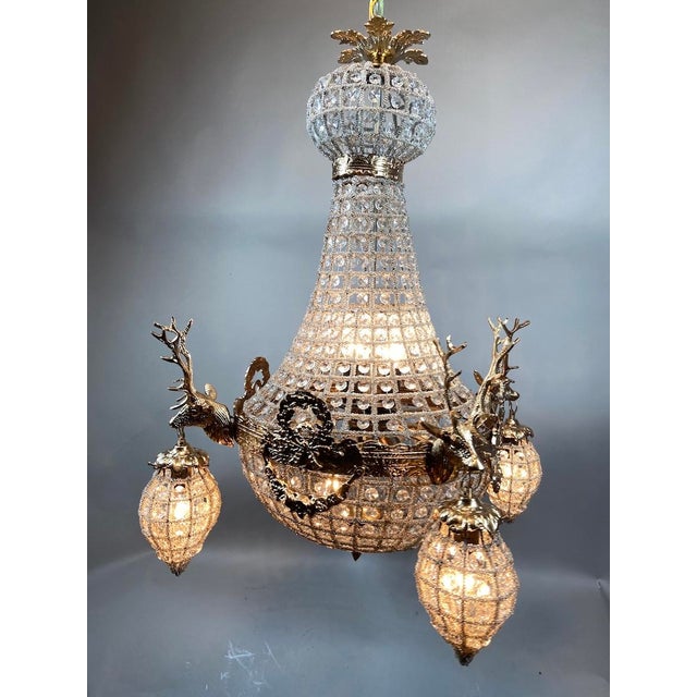 French 1970s French Louis XVI Gold Bronze Deer Head Chandelier 10Lt For Sale - Image 3 of 18