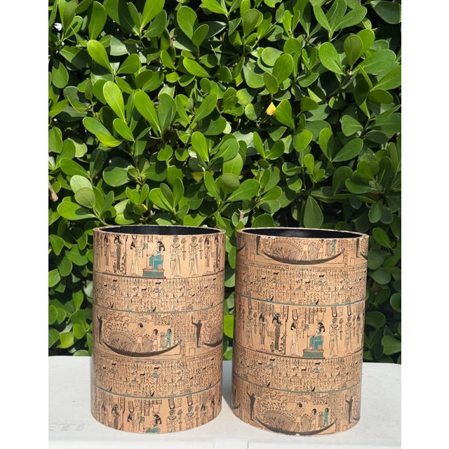 Paper Vintage Egyptian Revival Paper-Covered Wastebaskets | Pair For Sale - Image 7 of 12
