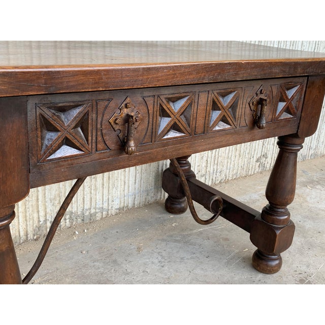 20th Century Spanish Carved Table with Iron Stretchers and Drawer For Sale - Image 6 of 18