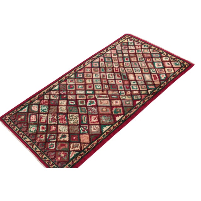 Mid-Century Modern 1960s Vintage Distressed Rug in Red & Green Geometric Pattern For Sale - Image 3 of 7