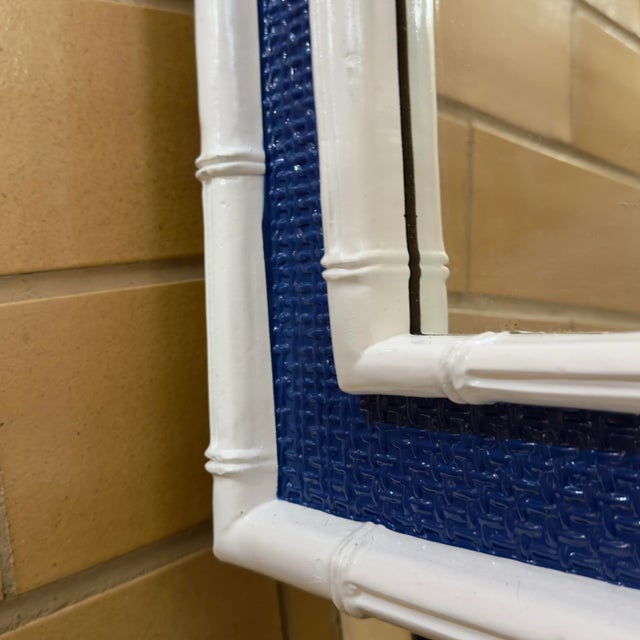 Glass Stunning Vintage Chinoiserie Blue and White Faux Bamboo Wall Mirrors - Newly Painted - A Pair For Sale - Image 7 of 8