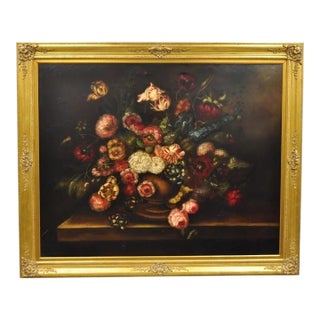 Late 20th Century Large French 58 X 70 Gold Frame Still Life Oil Painting With Bouquet of Flowers For Sale