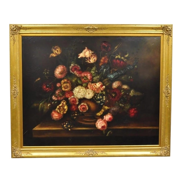 Late 20th Century Large French 58 X 70 Gold Frame Still Life Oil Painting With Bouquet of Flowers For Sale