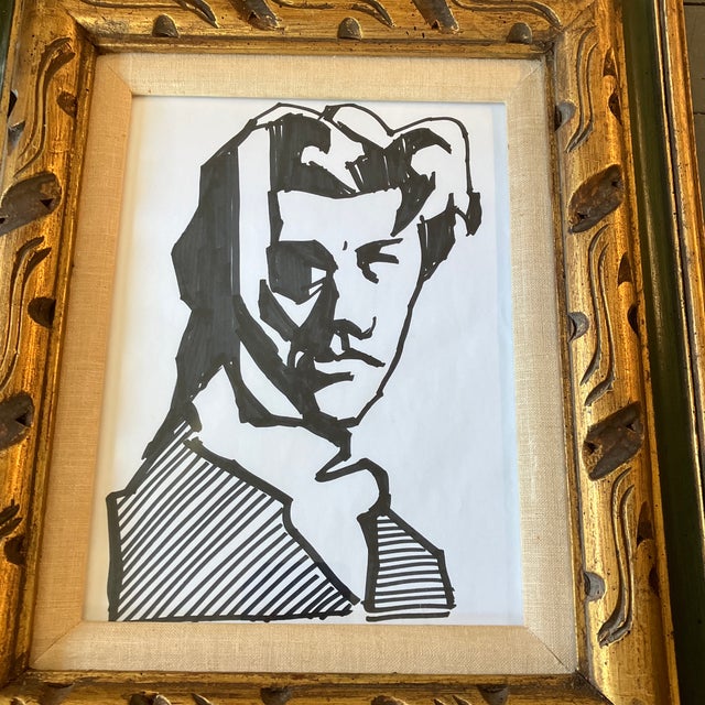 Original 9 x 12 marker drawing on paper unsigned Overall size with carved wood frame with aged linen liner is 17 x 20