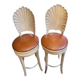 1950s Vintage Italian Scallop Cerused Finish Shell Back Grotto Style Swivel Bar Stools - a Pair For Sale