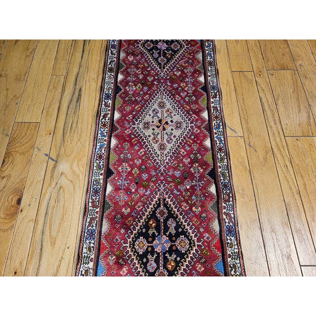 Red Vintage Persian Qashqai Gabbeh Runner Rug, Hand-Knotted Wool, Geometric Medallions Pattern, 2x7, Red & Navy For Sale - Image 8 of 14