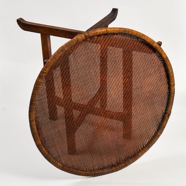 Antique Folding Wood Table With Large Woven Rattan Tray Top For Sale - Image 16 of 17