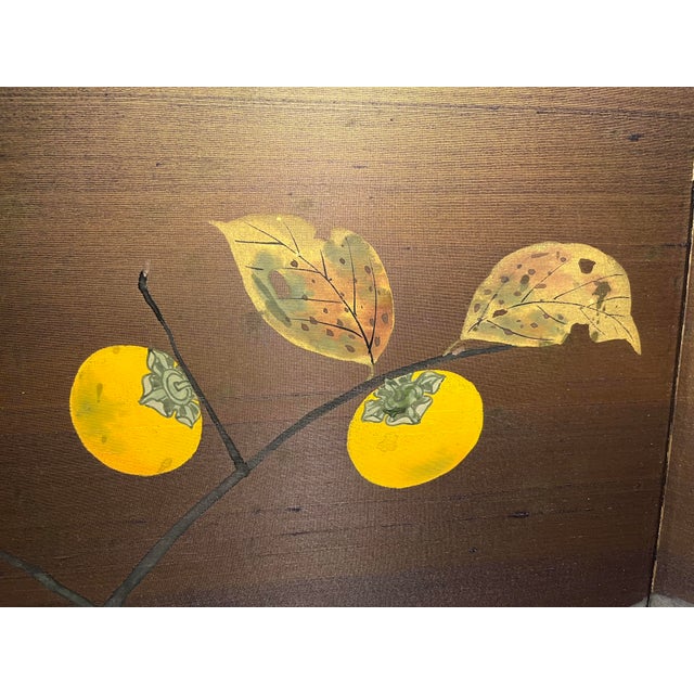 Japanese Vintage Japanese Four-Panel Byōbu Folding Silk Screen Persimmon & Bird Motif For Sale - Image 3 of 10