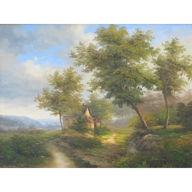 Gorgeous landscape painting, set in a gold wooden frame (in great condition). Dimensions 25.5ʺW × 2ʺD × 21.5ʺH