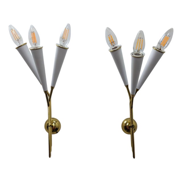 Brass 3-Light Wall Lamps, 1960s, Set of 2 For Sale