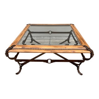 Adnet Hermes Style Forged Faux Leather Strap Equestrian Coffee Table For Sale