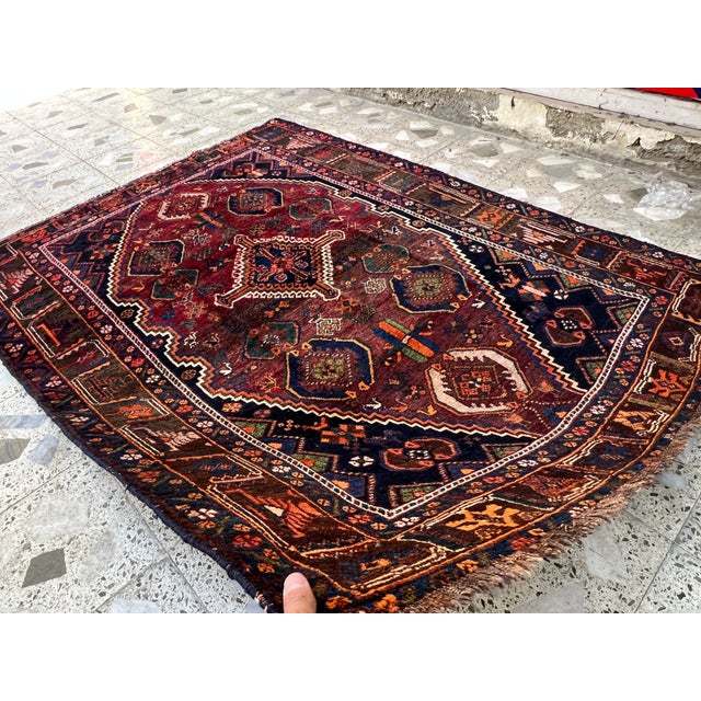 Tribal Hand-Knotted Antique Qashqai Tribal Shiraz Wool Area Rug - 4'10" X 6'5" For Sale - Image 3 of 13