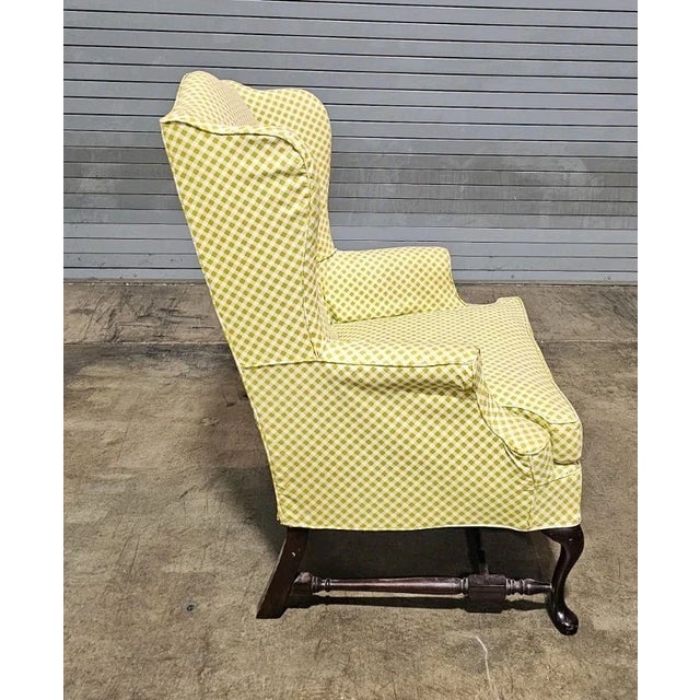 Mid 20th Century Queen Anne Style Mahogany Wing Chair Yellow Check Fabric Slipcover Made in Virginia For Sale - Image 4 of 8