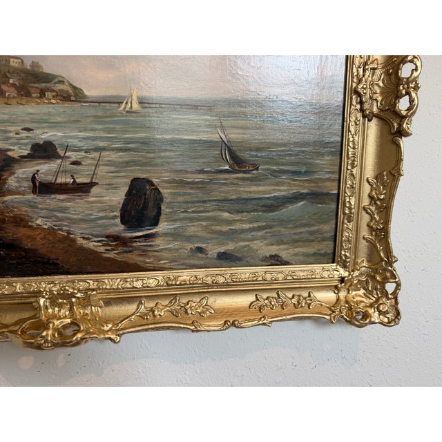 Antique 1881 Signed European Coastal Seascape Oil Painting Harbor Landscape - Signed For Sale - Image 14 of 15