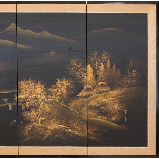 Japanese 1960s Shōwa Era Japanese Monochrome Byobu Screen on Black Silk Background For Sale - Image 3 of 15