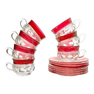 1950s American Tiffin-Franciscan “King’s Crown” Set of 7 Cranberry Red Tea Cups & Saucers - 14 pcs For Sale