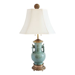 Antique 19th Century Chinese Celadon Hu Vase Lamp For Sale