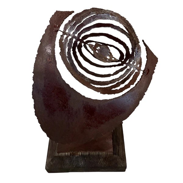 Abstract Vintage Abstract Kinetic Metal Sculpture on Wood Base For Sale - Image 3 of 4