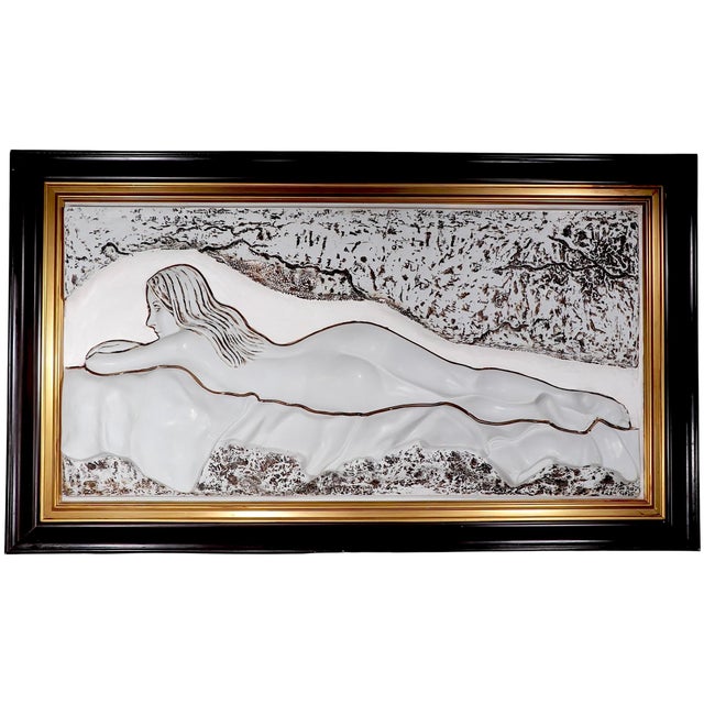 Cast plaster relief of nude female figure in repose. This impressive piece is in very fine, oriinal, clean and ready to...