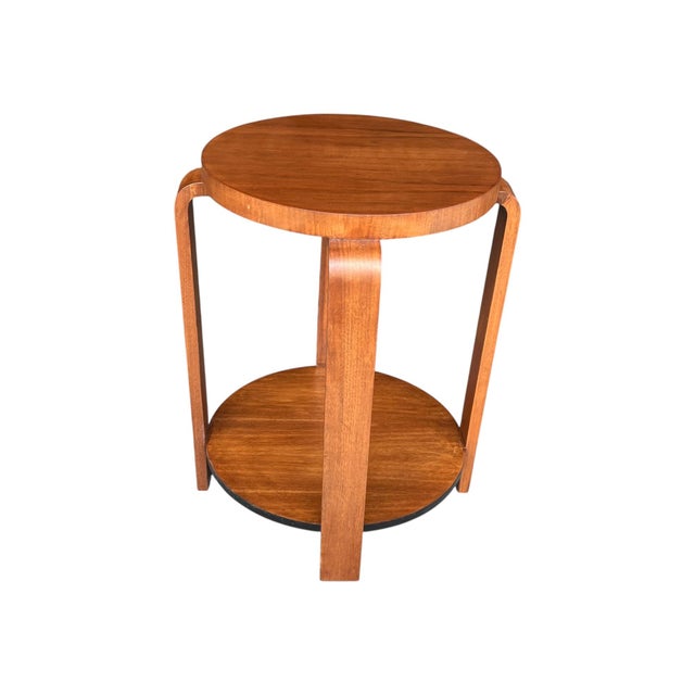 1930s French Art Deco Walnut Side Table With Sculptural Architectural Base- Fully Restored, Open Shelf For Sale - Image 9 of 15