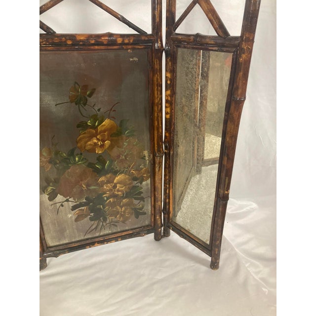 Antique Victorian Aesthetic Movement Bamboo Folding Fire Screen | Hand-Painted For Sale - Image 4 of 9