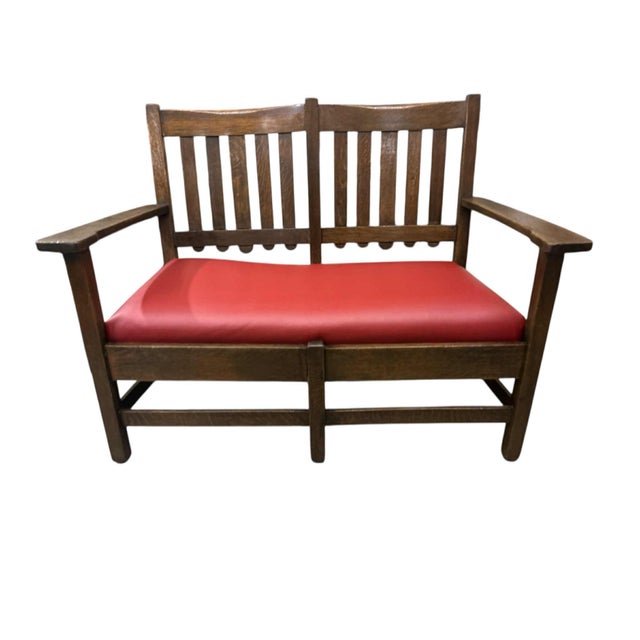 Stickley Brothers Grand Rapids Antique Settle Model #3887 - Quarter Sawn Oak and New Red Leather Seat - Circa 1910 For Sale In Saint Louis - Image 6 of 7