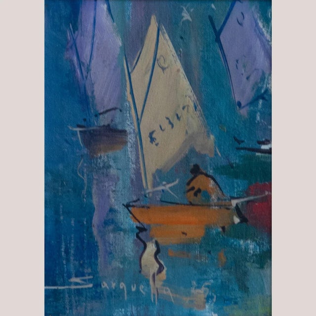 1980s Josep Sarquella i Escobet, Sailboats in Port, Original Oil on Canvas For Sale - Image 5 of 5