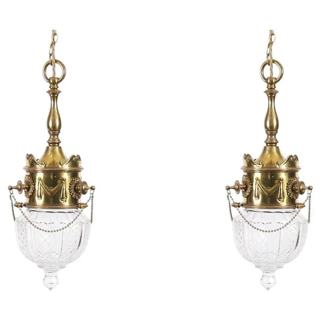 Antique Edwardian Brass & Cut Crystal Ceiling Lights, 1900, Set of 2 For Sale - Image 16 of 16